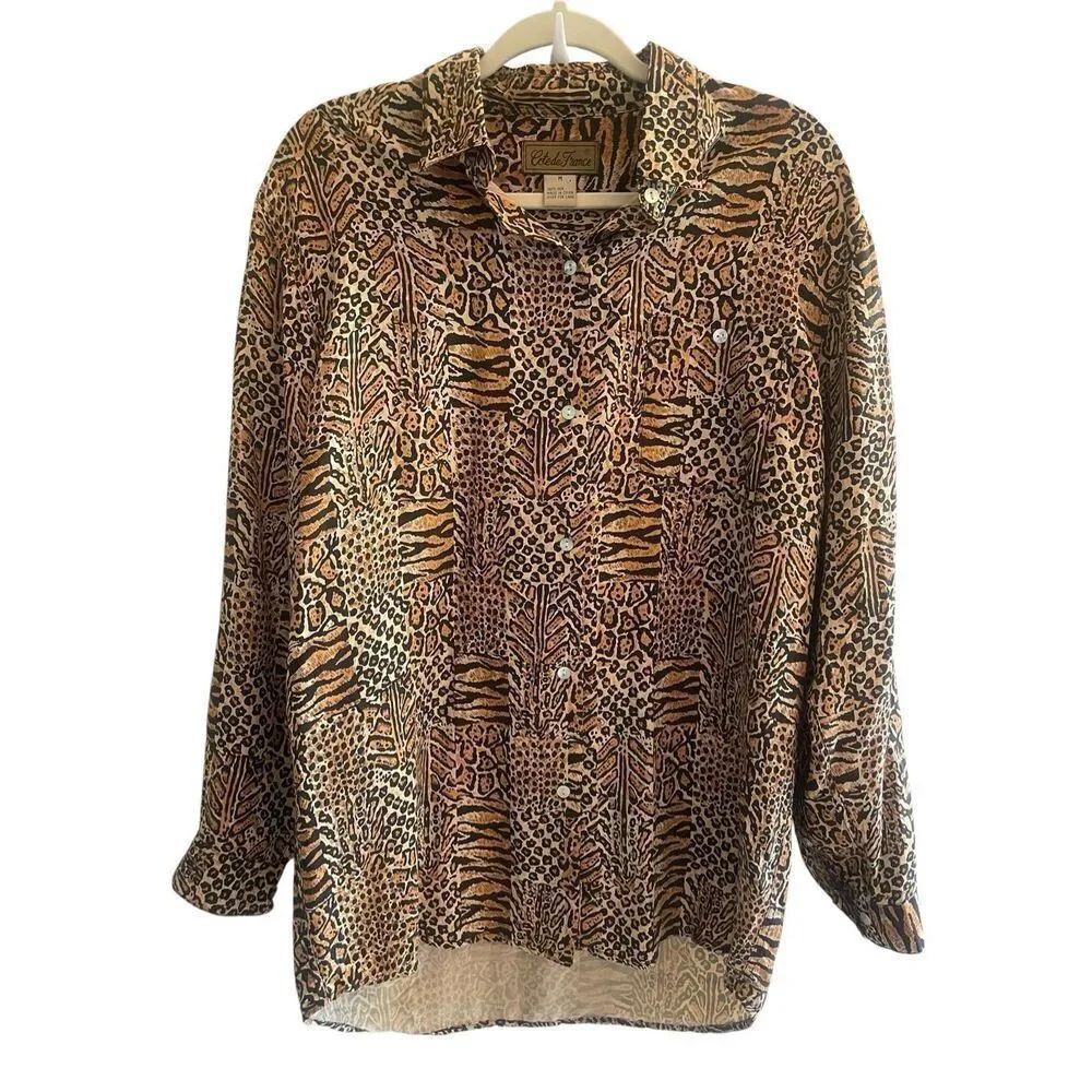 Vtg Cote De France Cheetah Print 100% Silk Button Up Blouse Top Women’s Medium